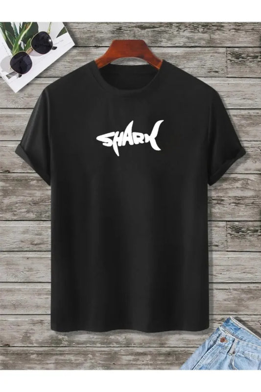 Unisex Siyah Oversize Tişört – %100 Pamuk Penye – Shark Baskılı – Rahat Kalıp Yazlık Basic T-shirt