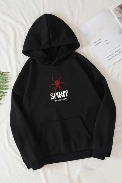 Spirit Baskılı Unisex Siyah Kanguru Cepli Kapüşonlu Sweatshirt Hoodie