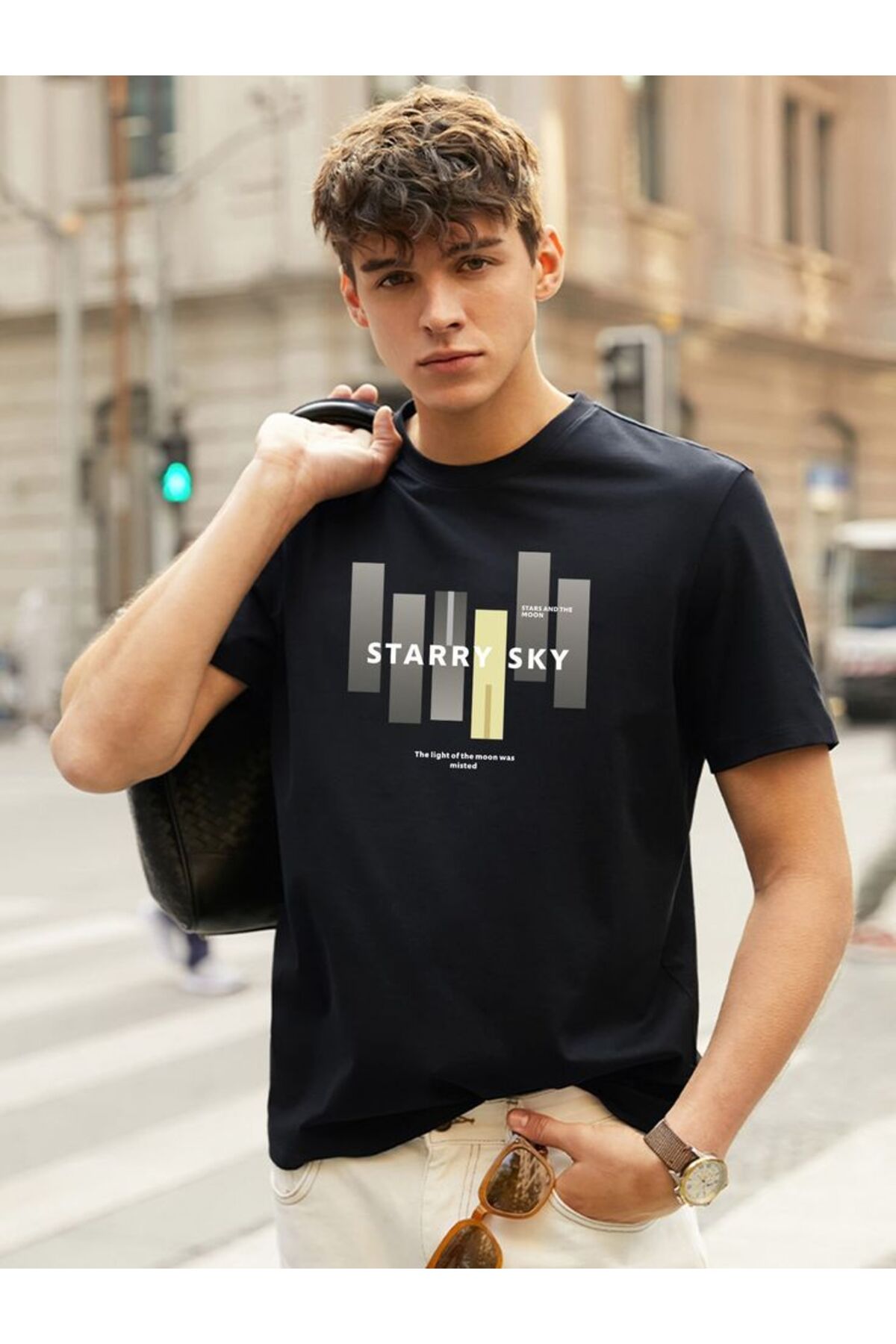 Pamuk Penye Kumaş Oversize Starry Sky Baskılı Siyah T-shirt