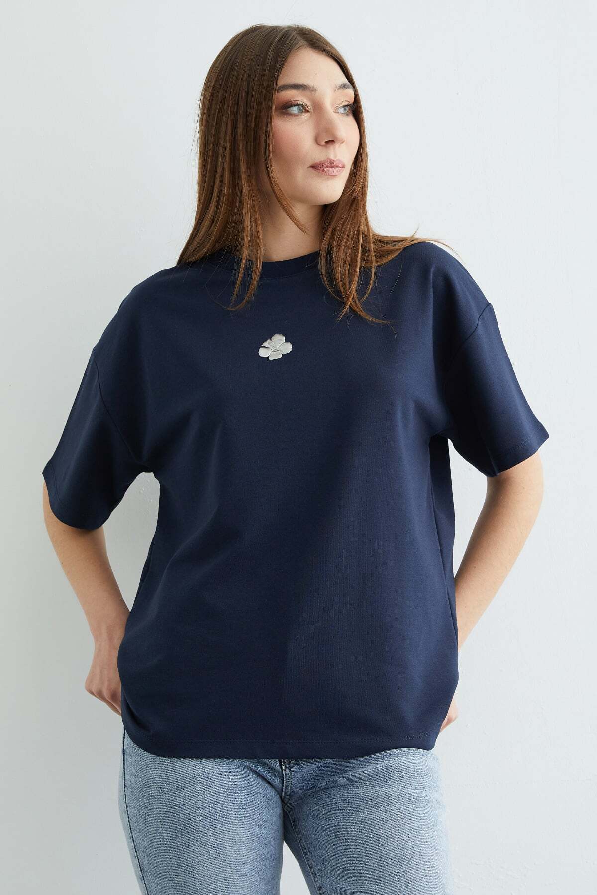 Kadın Çiçek Baskılı Bisiklet Yaka Pamuk Oversize Yuvarlak Yakalı T-shirt