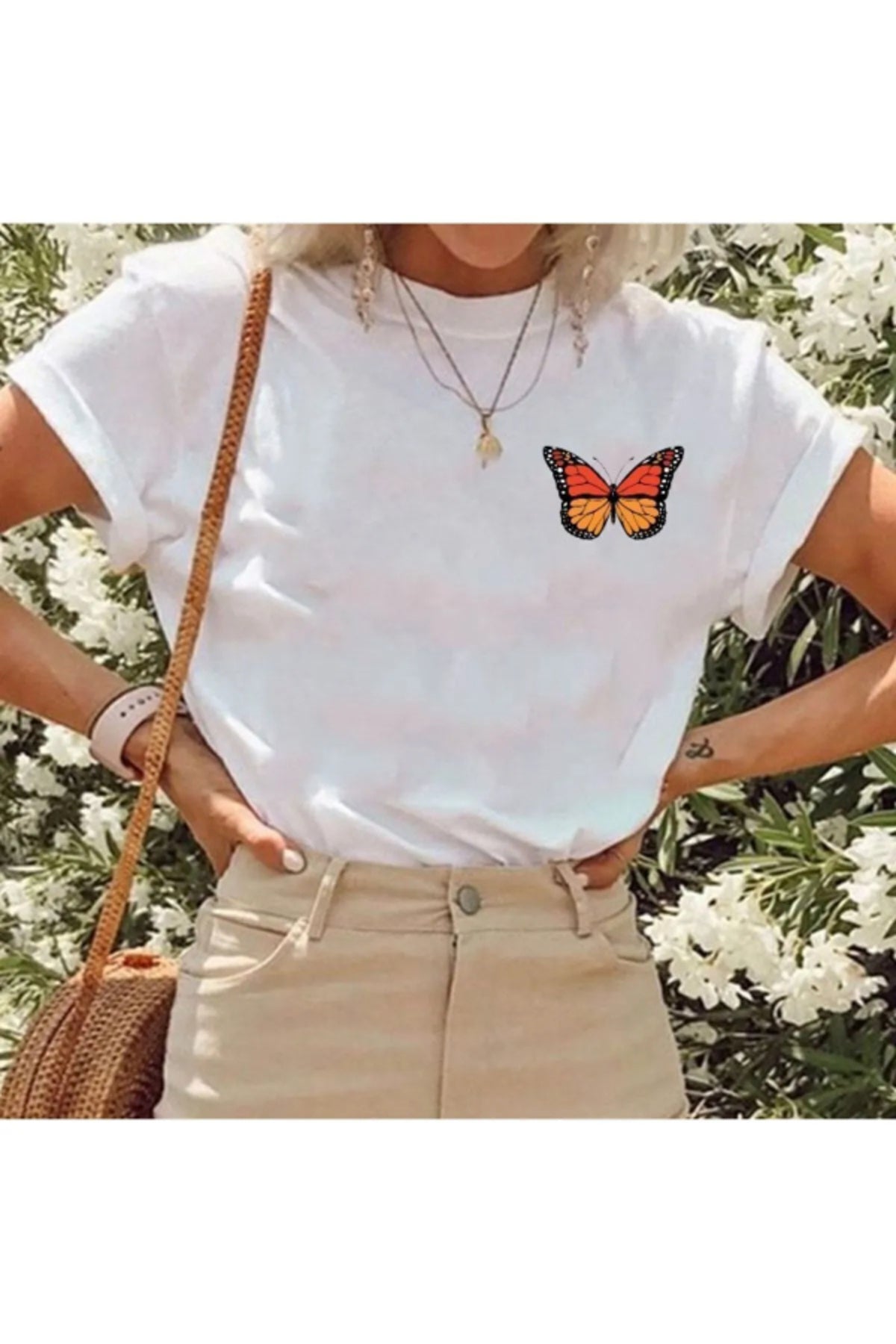Premium Kalite Oversize Kadın Tişört - %100 Pamuk Penye – Yazlık – Kelebek Baskılı – Beyaz T-shirt