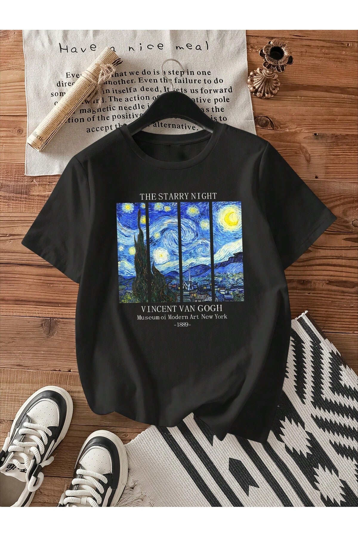 Unisex Van Gogh baskılı Siyah T-shirt
