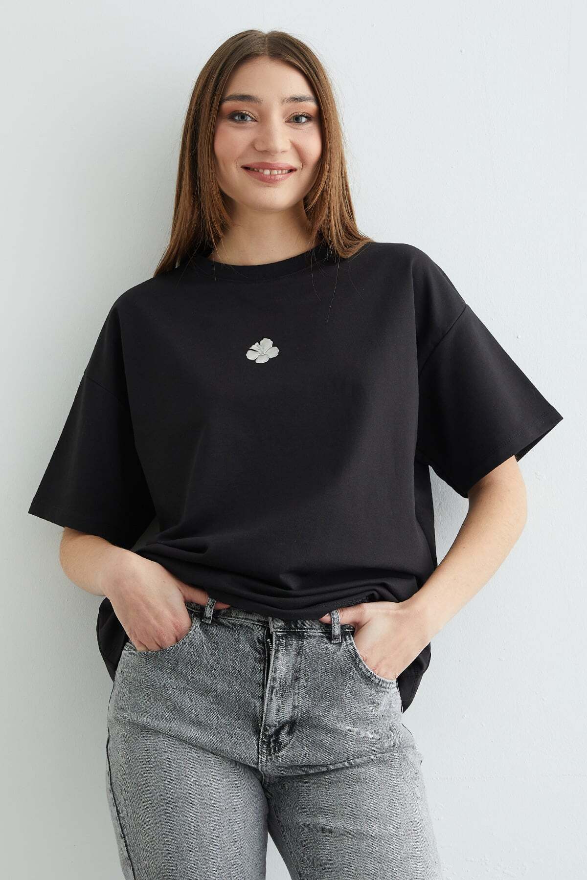 Kadın Çiçek Baskılı Bisiklet Yaka Pamuk Oversize Yuvarlak Yakalı T-shirt