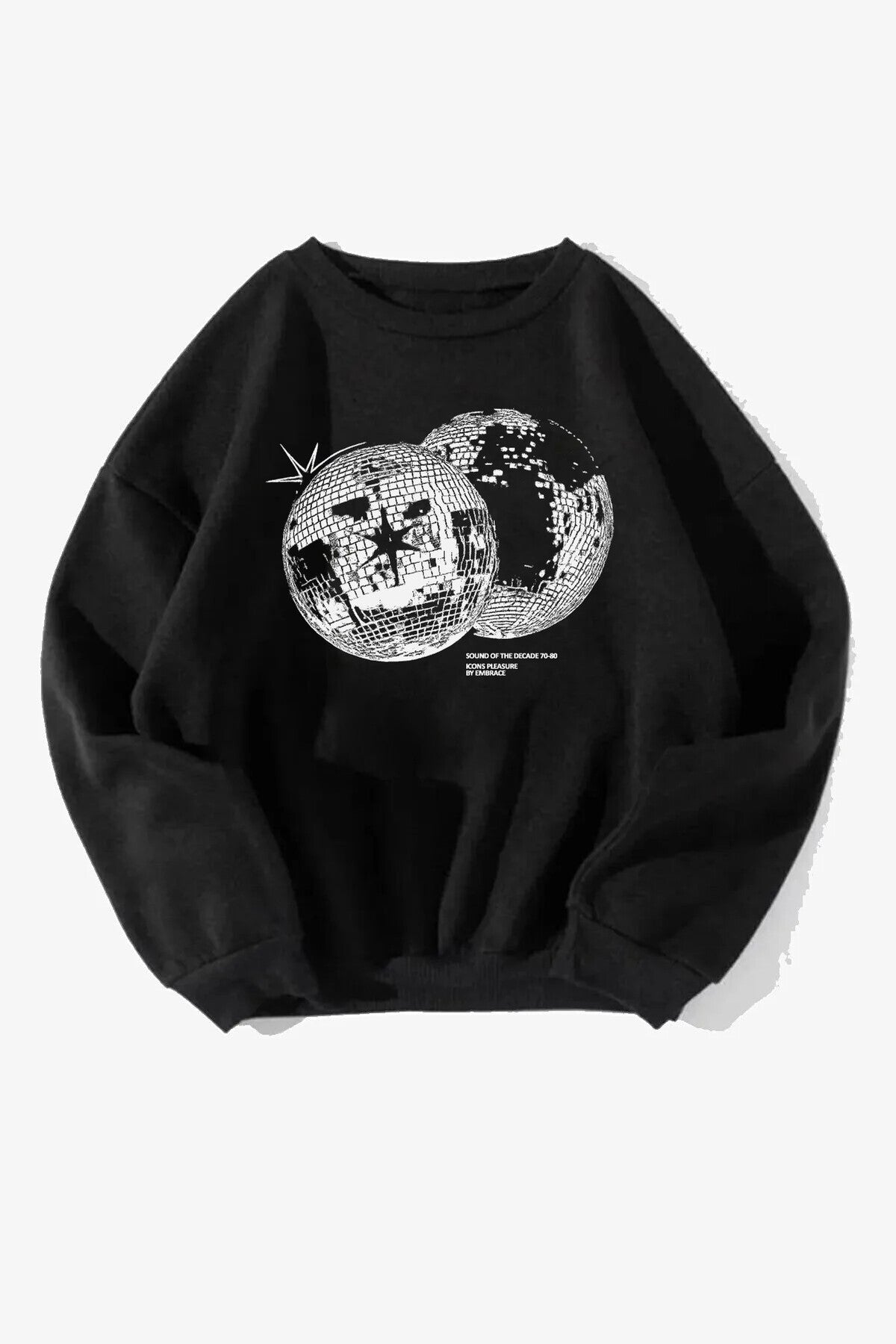 Unisex Disco World Baskılı Siyah Bisiklet Yaka Sweatshirt