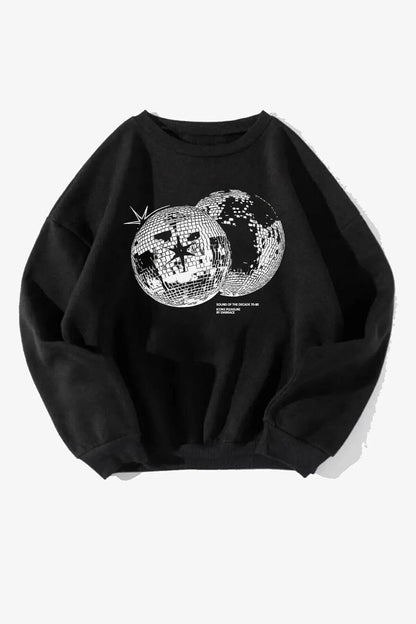 Unisex Disco World Baskılı Siyah Bisiklet Yaka Sweatshirt