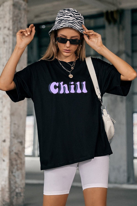 Pamuk Penye Kumaş Oversize Chill Baskılı Siyah Tshirt