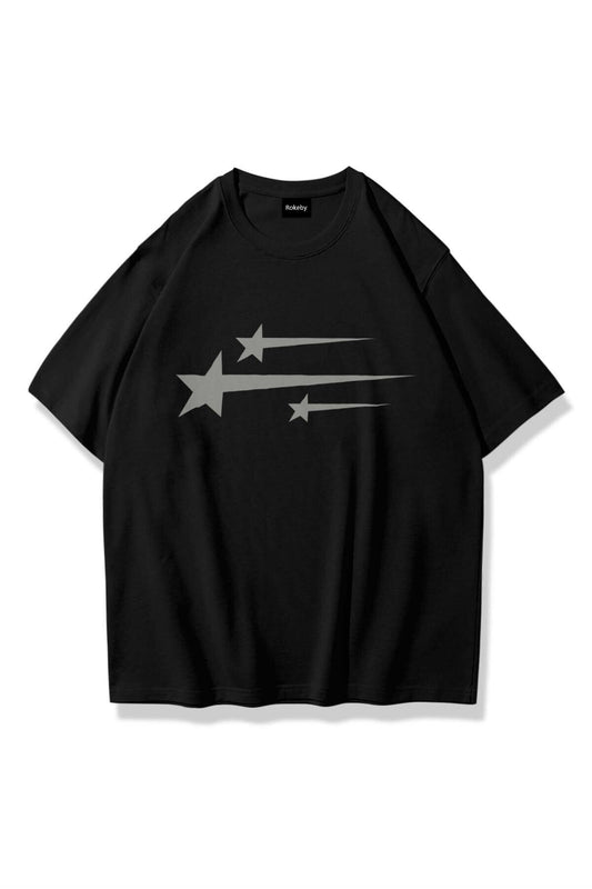 Unisex Stars Baskılı Bisiklet Yaka Pamukt Oversize Yuvarlak Yakalı Siyah T-shirt