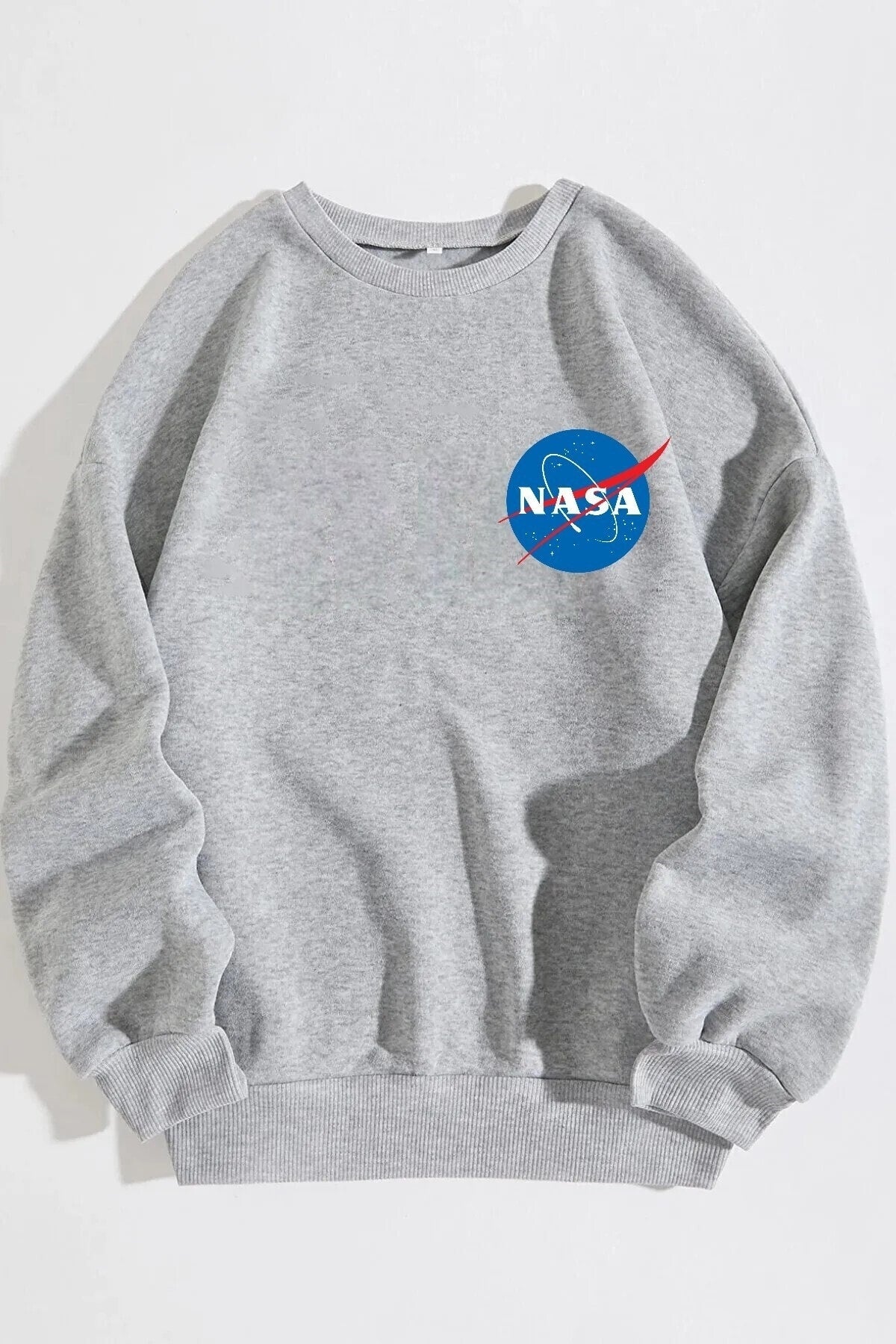 Unisex Pamuk Oversize Nasa Logo Baskılı Gri Sweatshirt