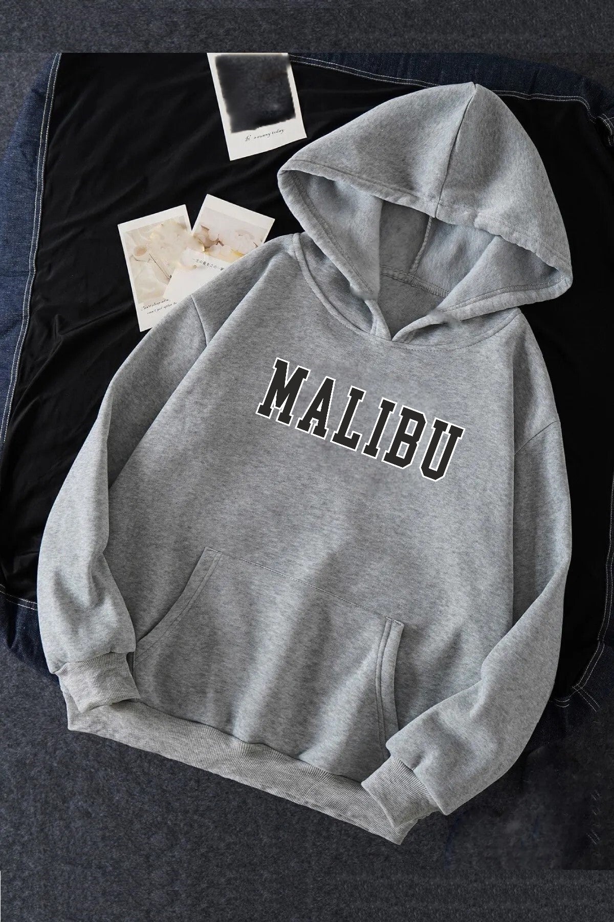 Pamuklu Oversize Malibu Baskılı Kanguru Cepli Kapüşonlu Gri Sweatshirt Hoodie