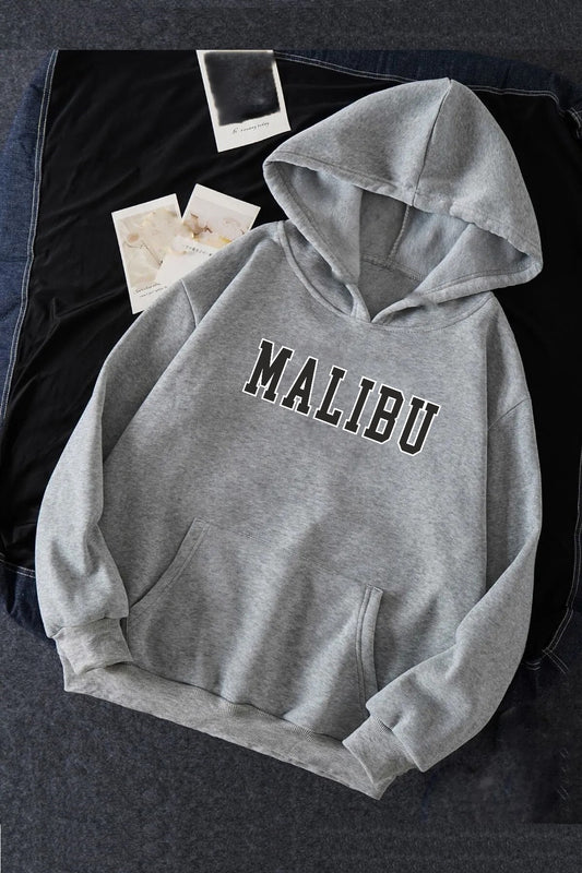 Pamuklu Oversize Malibu Baskılı Kanguru Cepli Kapüşonlu Gri Sweatshirt Hoodie