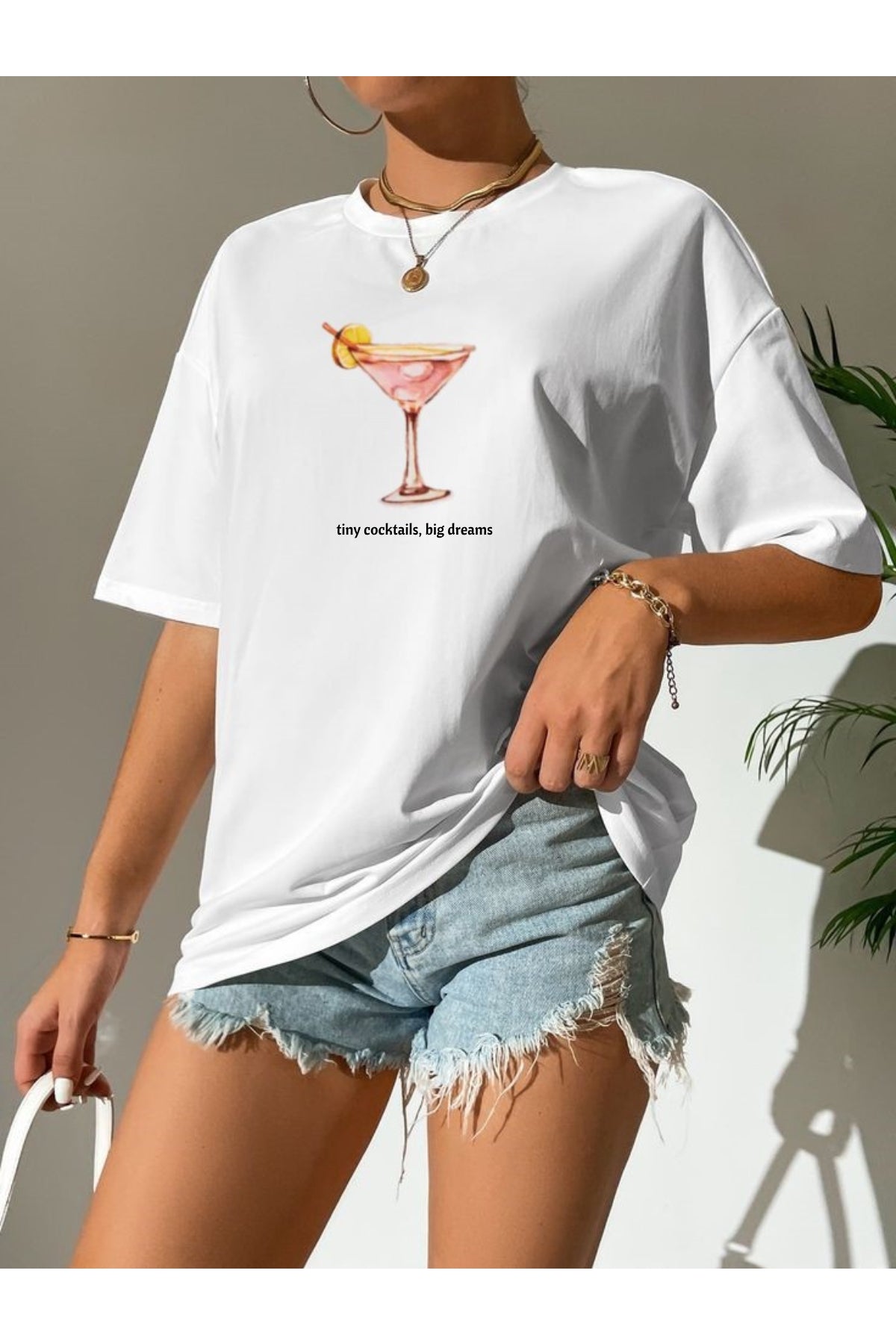 Pamuk Penye Kumaş Oversize tiny cocktails Baskılı Beyaz T-shirt