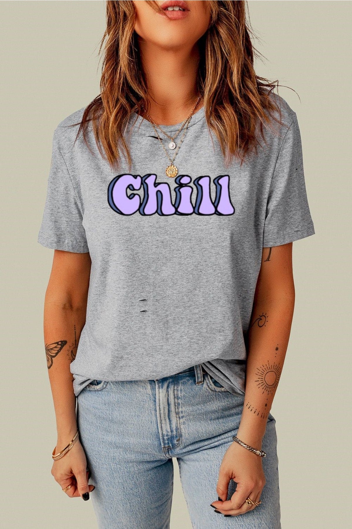 Pamuk Penye Kumaş Oversize Chill Baskılı Gri Tshirt