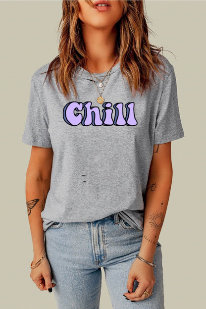 Pamuk Penye Kumaş Oversize Chill Baskılı Gri Tshirt