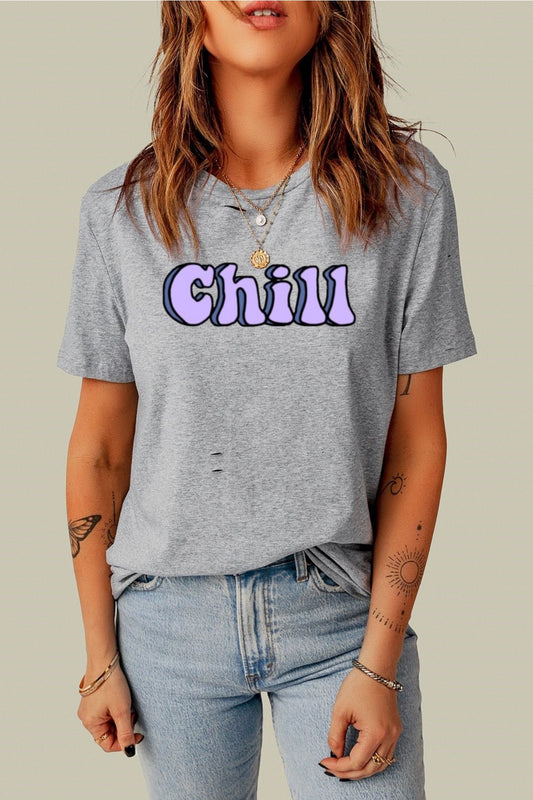 Pamuk Penye Kumaş Oversize Chill Baskılı Gri Tshirt