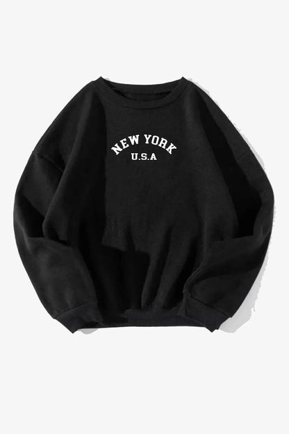 Pamuklu Oversize New York Baskılı Bisiklet Yaka Siyah Sweatshirt