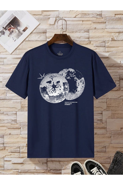 Unisex Disco World Baskılı Bisiklet Yaka Pamukt Oversize Yuvarlak Yakalı T-shirt