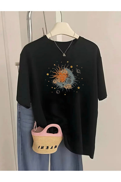 Kadın Ay Yıldız Baskılı Bisiklet Yaka Pamuk Oversize Yuvarlak Yakalı T-shirt