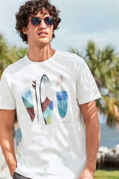 Pamuk Penye Kumaş Oversize Honolulu Surfboard Baskılı Beyaz T-shirt