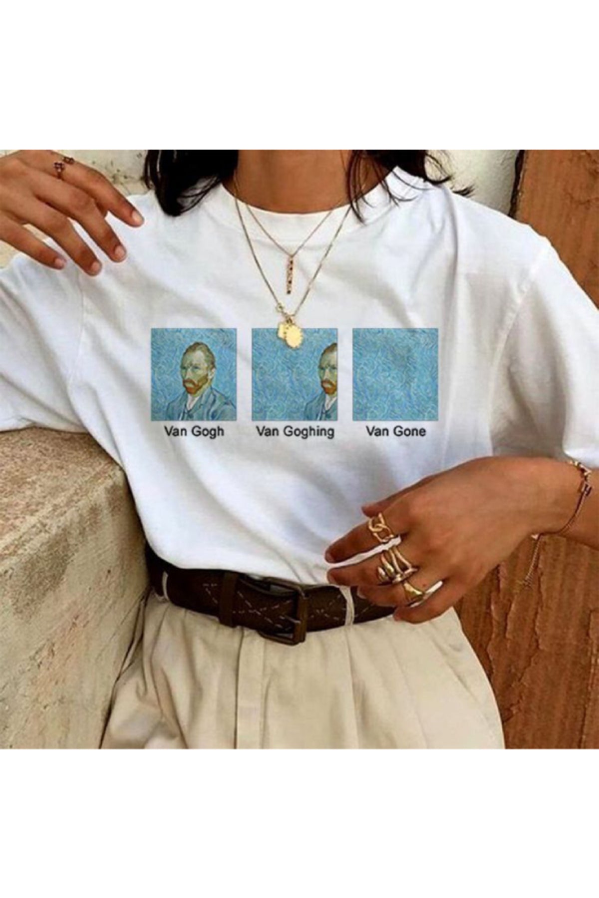Premium Kalite Oversize Kadın Tişört - %100 Pamuk Penye – Yazlık – Van Gogh Baskılı – Beyaz T-shirt