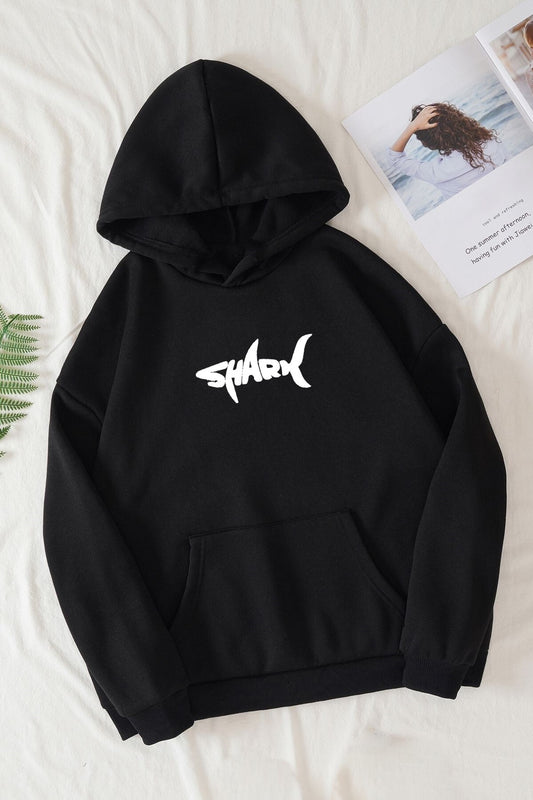 Shark Baskılı Unisex Siyah Kanguru Cepli Kapüşonlu Sweatshirt Hoodie
