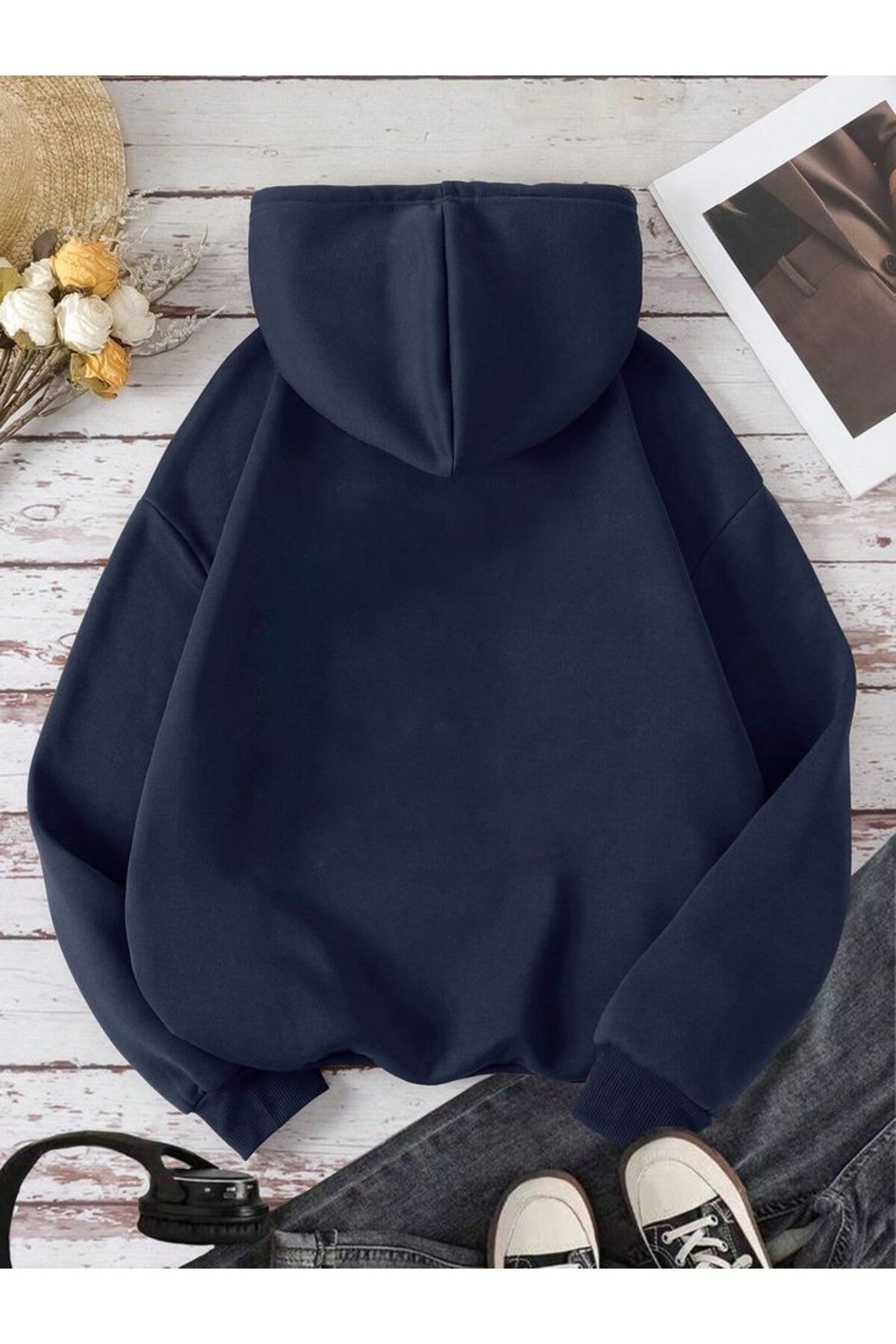 Unisex Ay Yıldız Baskılı Lacivert Kapüşonlu Kanguru Cepli Sweatshirt