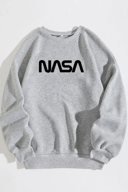Unisex Pamuk Oversize Nasa Baskılı Gri Sweatshirt