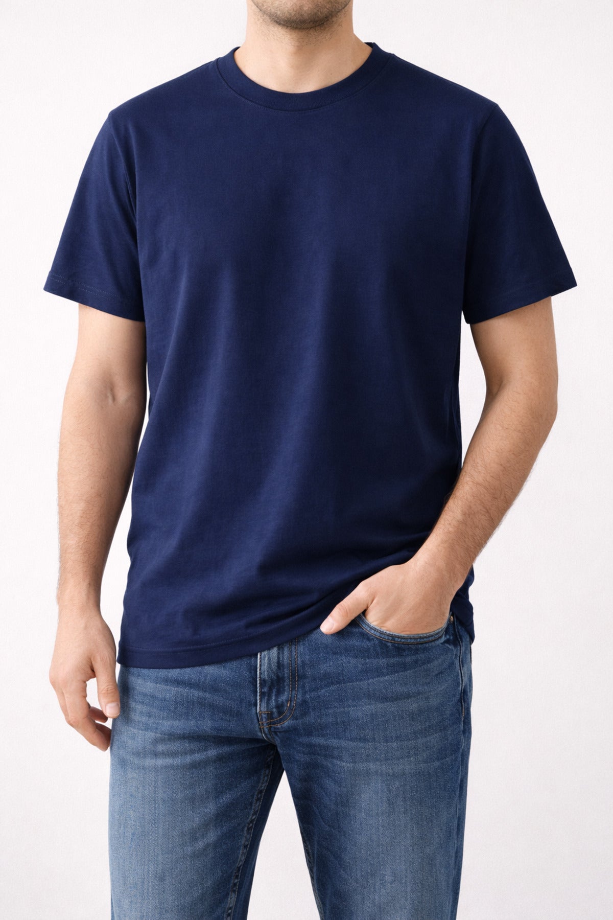 Erkek Basic Bisiklet Yaka Pamuk Relaxed Fit Yuvarlak Yakalı Lacivert T-shirt