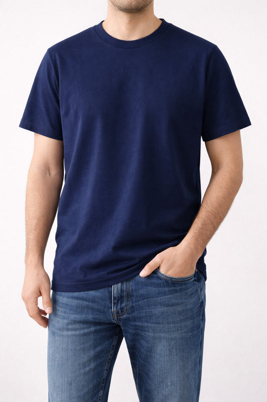 Erkek Basic Bisiklet Yaka Pamuk Relaxed Fit Yuvarlak Yakalı Lacivert T-shirt