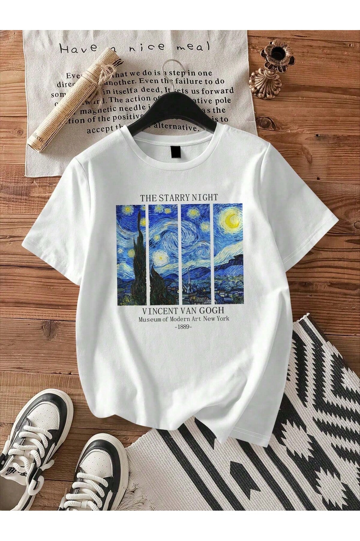 Unisex Van Gogh baskılı Beyaz T-shirt