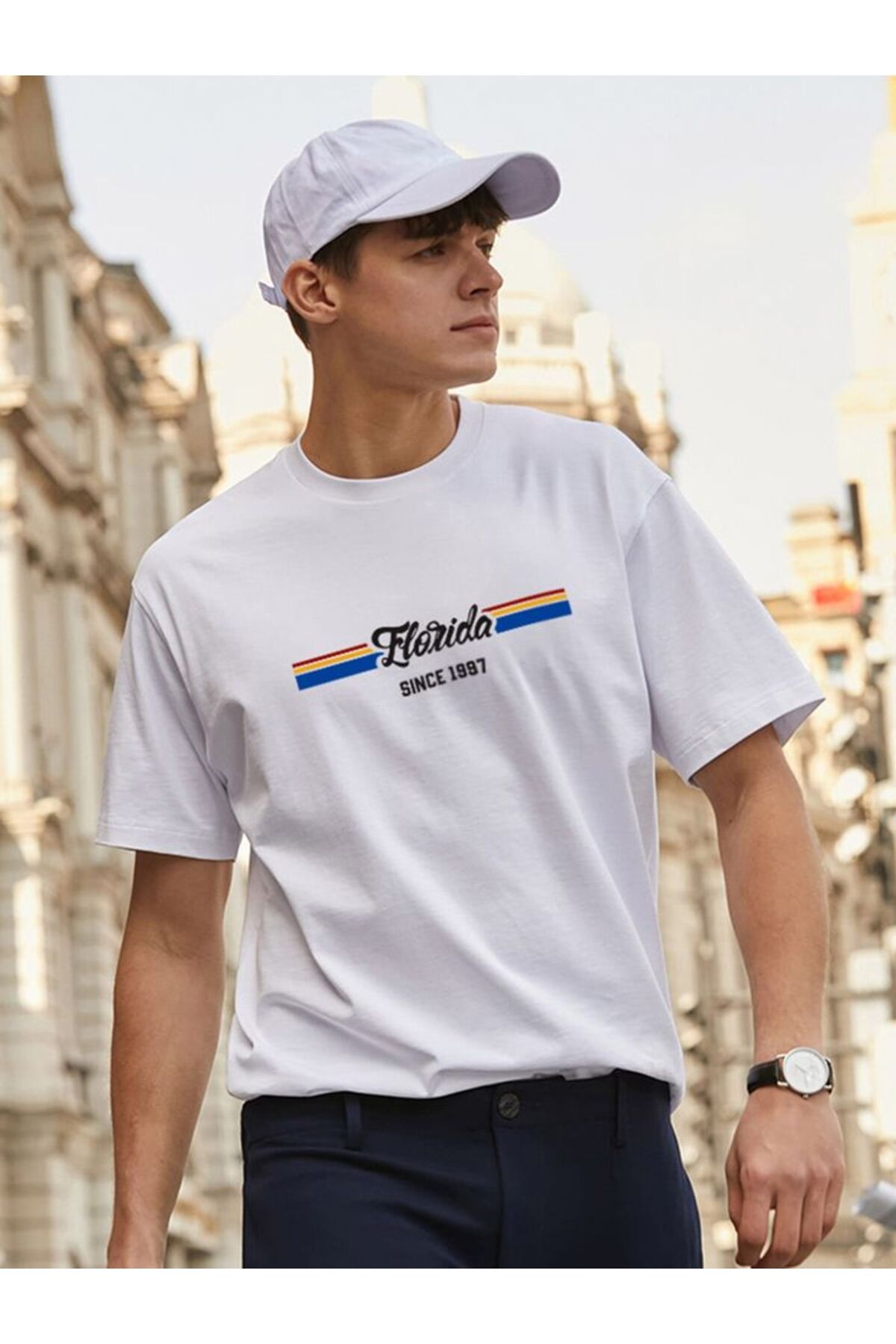 Pamuk Penye Kumaş Oversize Florida Baskılı Beyaz T-shirt