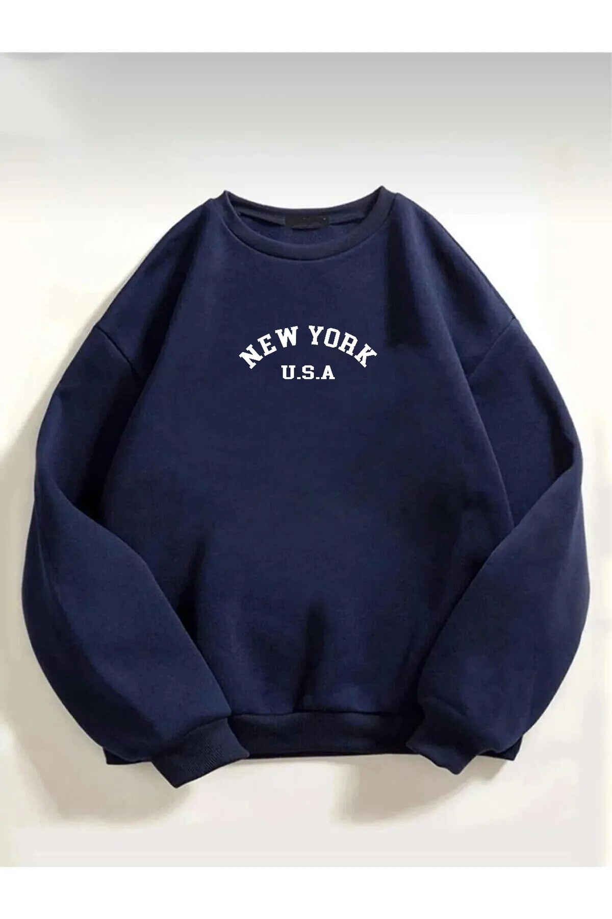 Pamuklu Oversize New York Baskılı Bisiklet Yaka Lacivert Sweatshirt