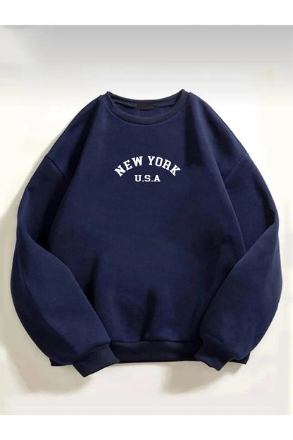 Pamuklu Oversize New York Baskılı Bisiklet Yaka Lacivert Sweatshirt