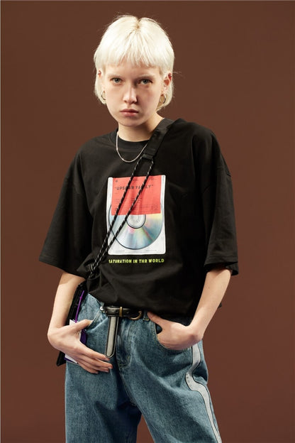 Pamuk Penye Kumaş Baskılı Oversize Beyaz T-shirt