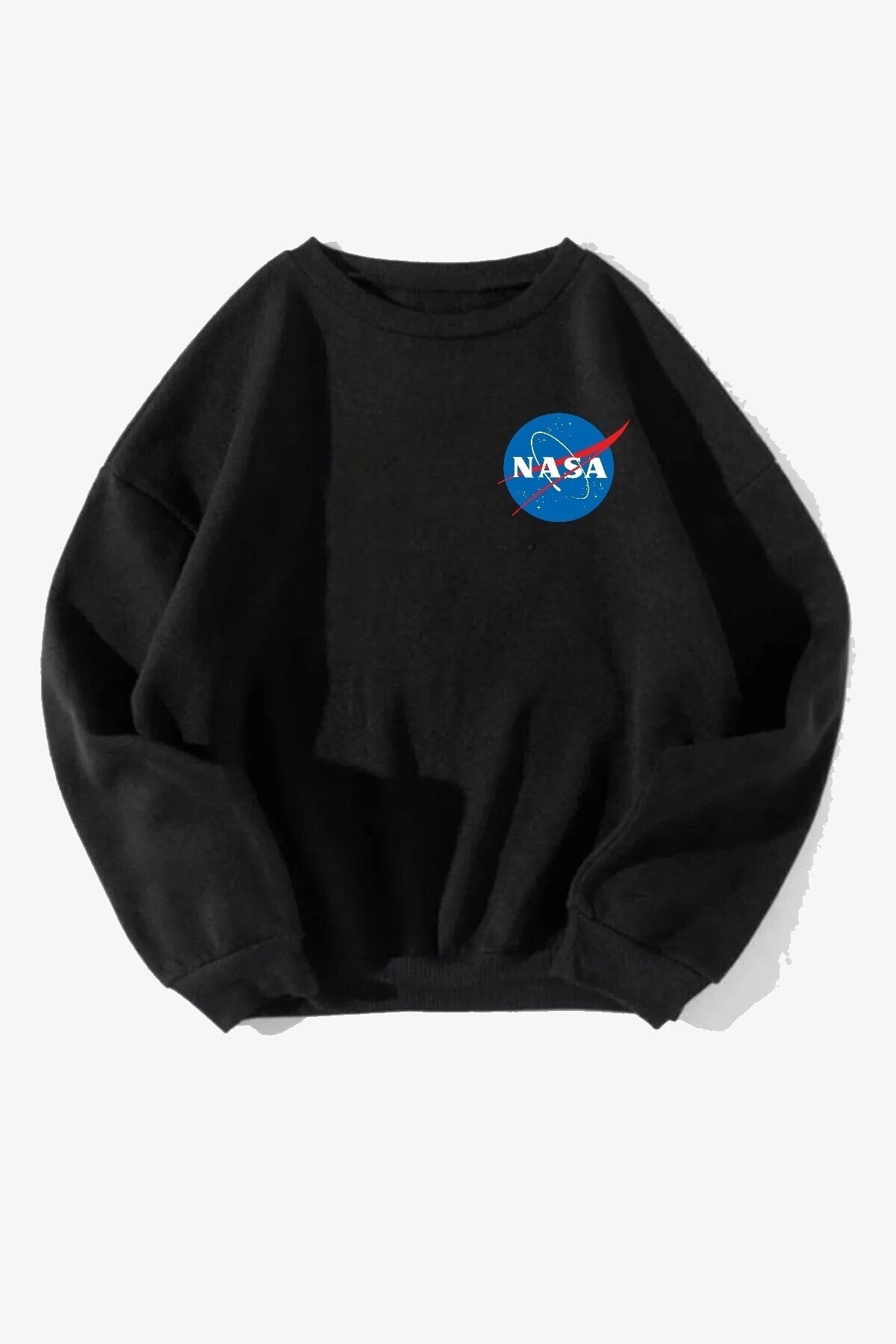 Unisex Pamuk Oversize Nasa Logo Baskılı Siyah Sweatshirt