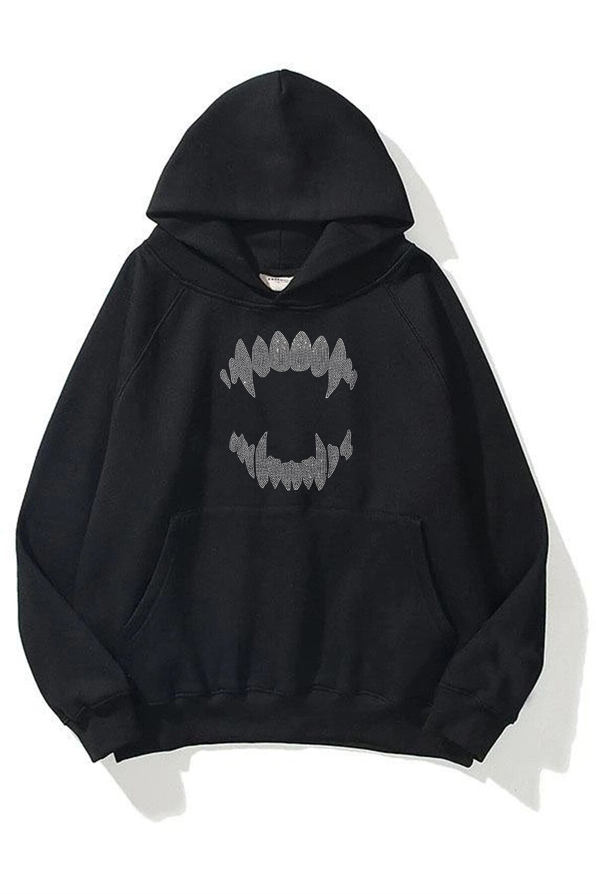 Unisex wild teeth DTF BASKILI Kapüşonlu Kanguru Cepli Siyah Sweatshirt