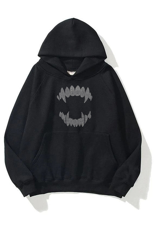 Unisex wild teeth DTF BASKILI Kapüşonlu Kanguru Cepli Siyah Sweatshirt