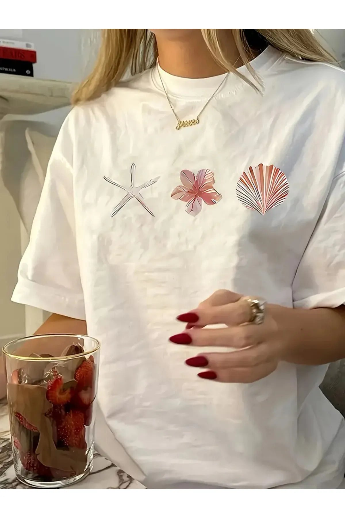 Kadın Bisiklet Yaka Baskılı Pamuk Oversize Yuvarlak Yakalı Beyaz T-shirt