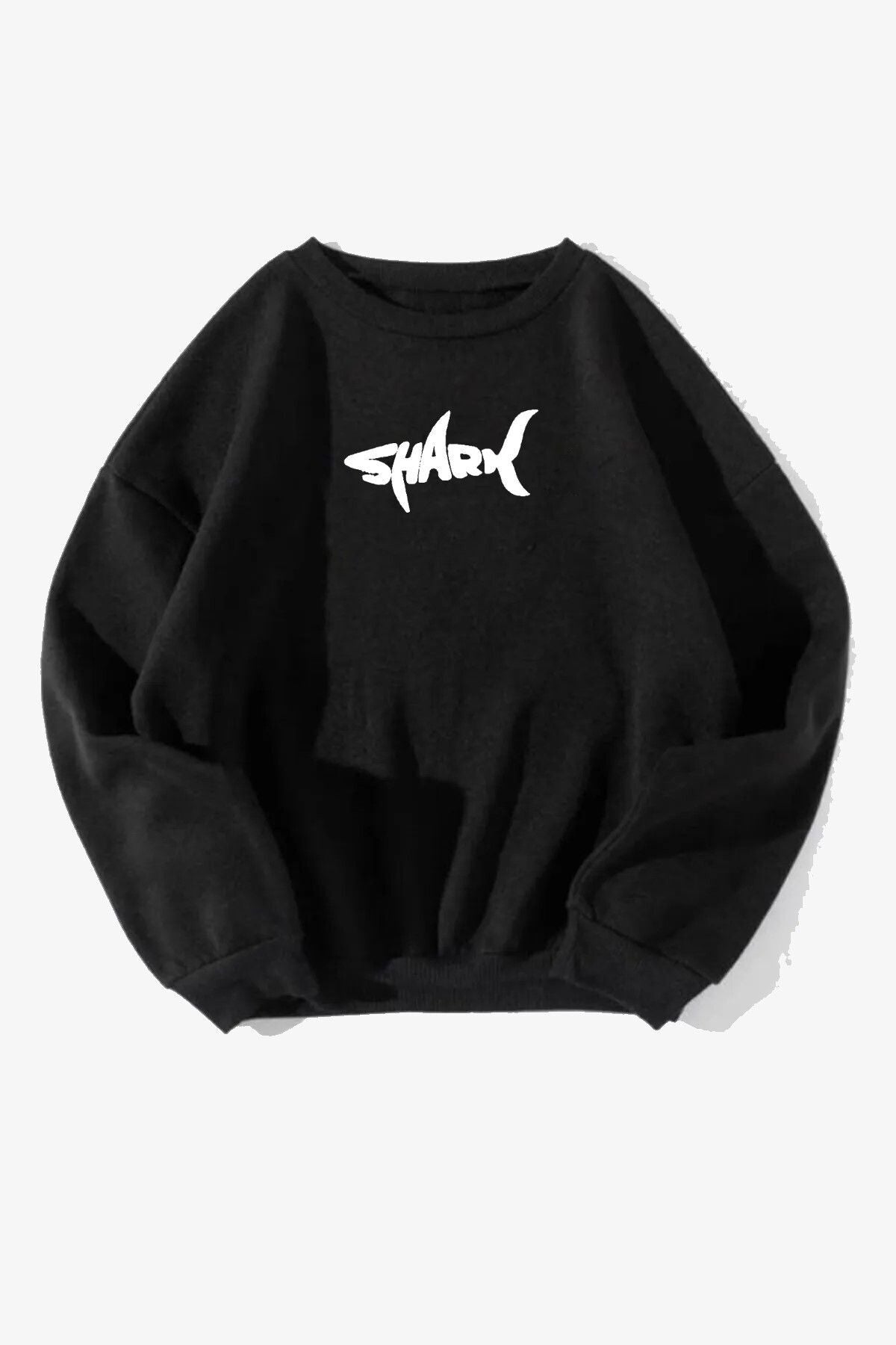 Unisex Shark Baskılı Oversize Siyah Sweatshirt