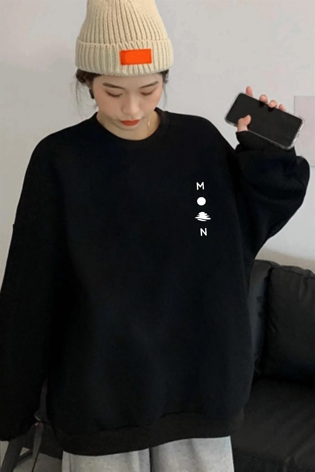 Moon Baskılı Oversize Sweatshirt