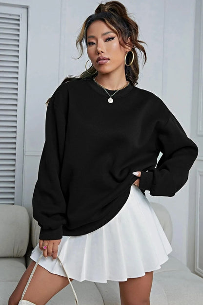 Kadın Siyah Basic 0 Sıfır Yaka Baskısız Düz Oversize Salaş Bol Kesim Sweatshirt
