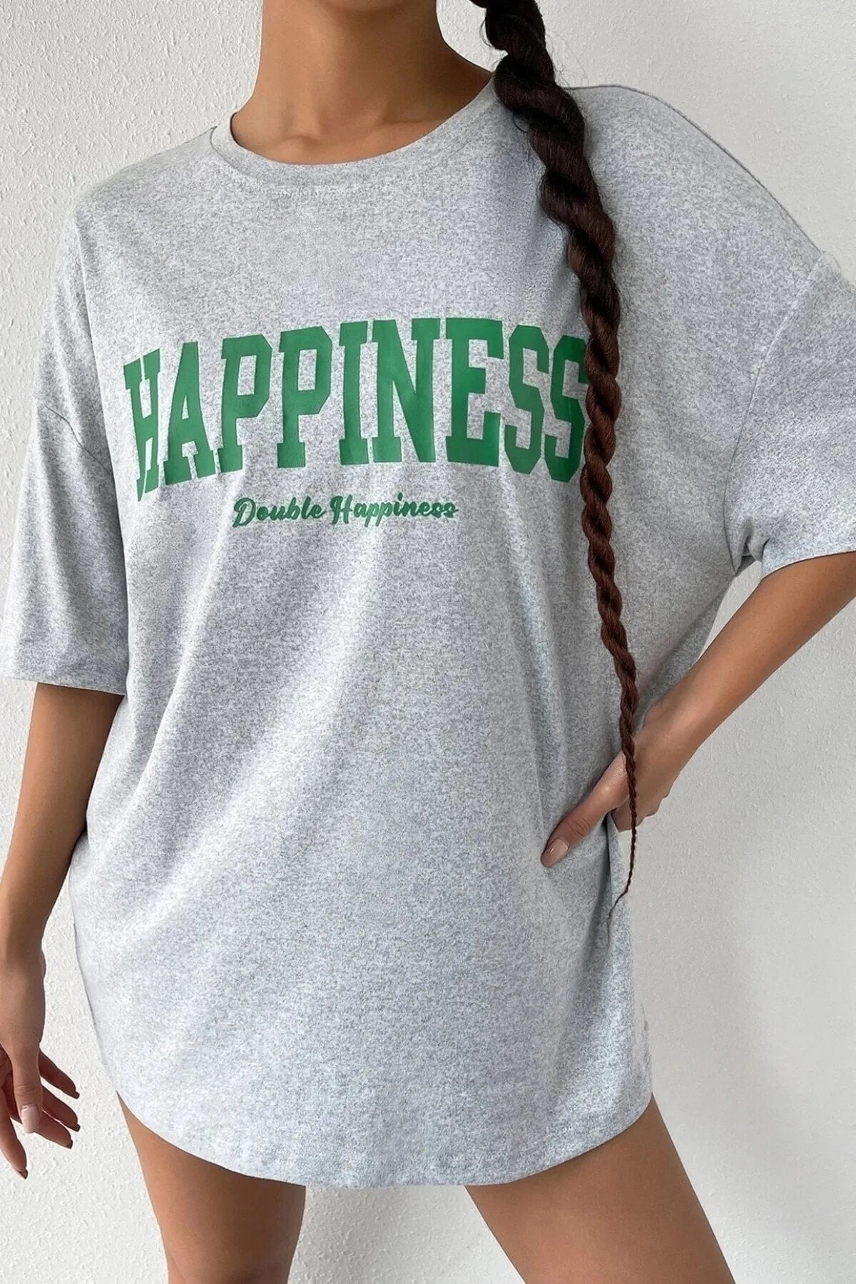 Kadın Oversize Happiness Baskılı Gri T-shirt