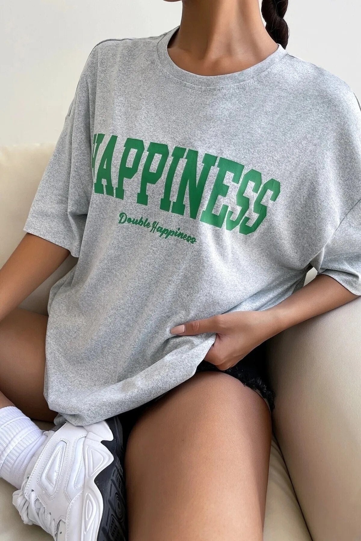 Kadın Oversize Happiness Baskılı Gri T-shirt