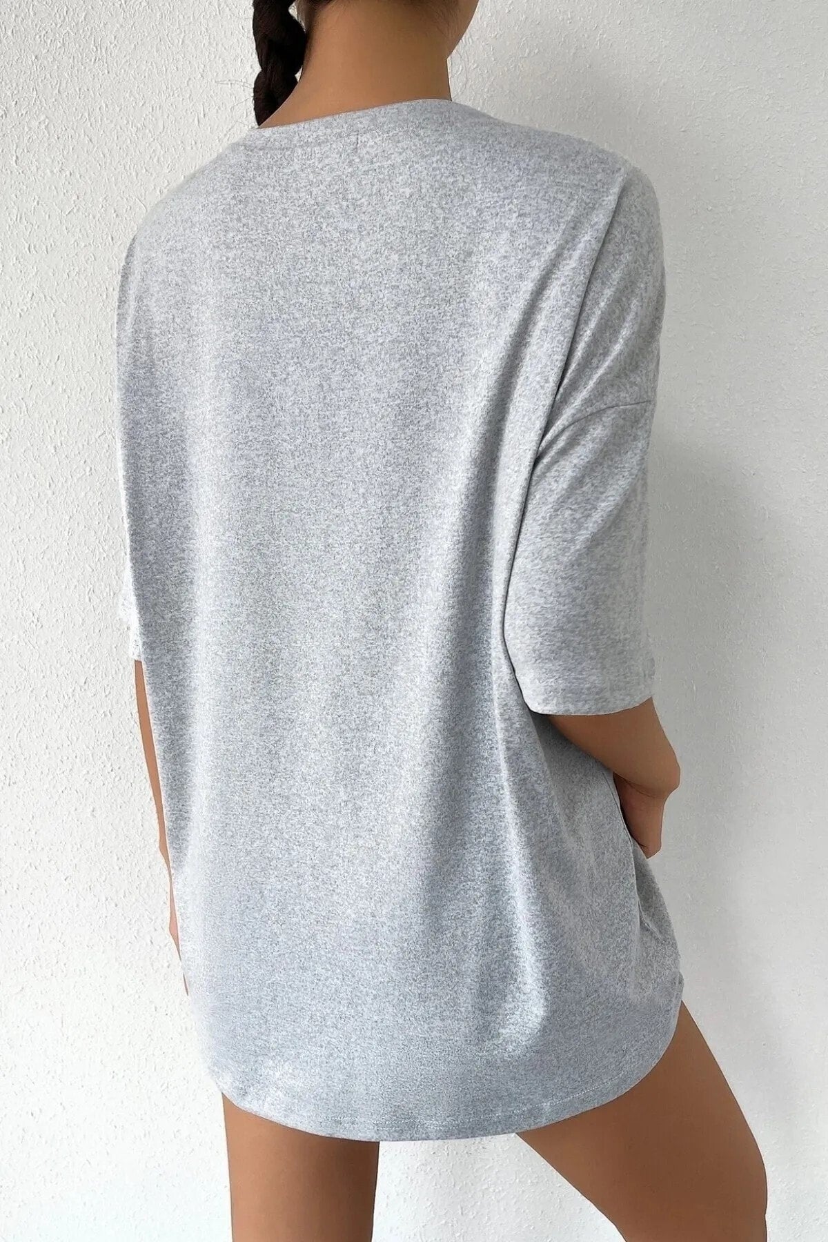 Kadın Oversize Happiness Baskılı Gri T-shirt